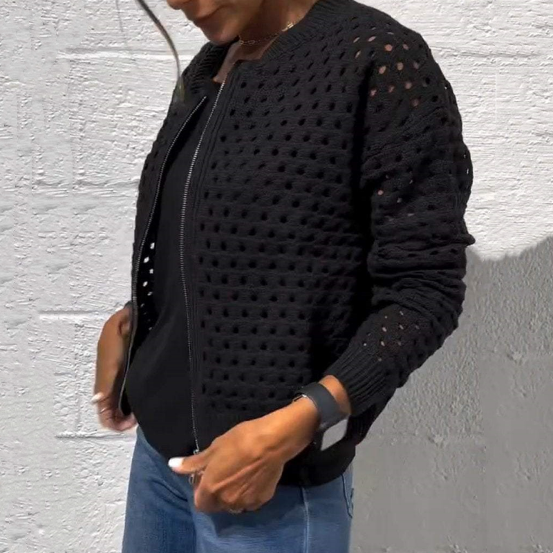 donetur.com Women's Elegant Zipper Knit Jacket with Unique Hollow Design