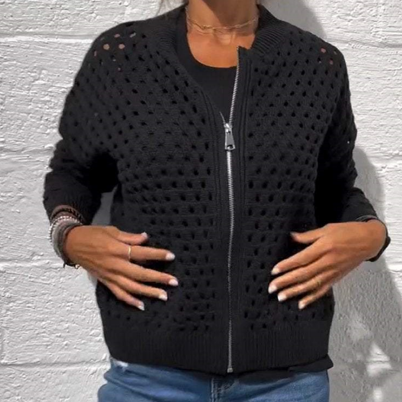 donetur.com Women's Elegant Zipper Knit Jacket with Unique Hollow Design