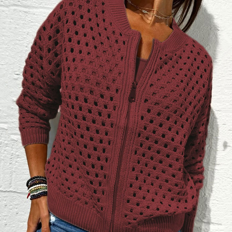 donetur.com Women's Elegant Zipper Knit Jacket with Unique Hollow Design