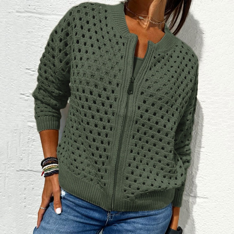 donetur.com Women's Elegant Zipper Knit Jacket with Unique Hollow Design