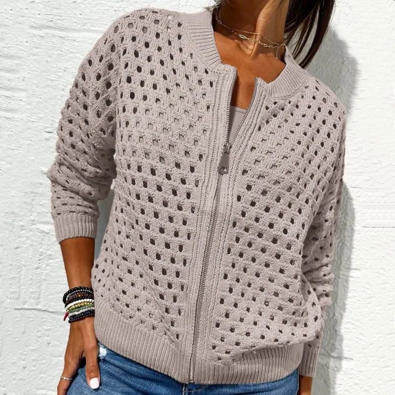donetur.com Women's Elegant Zipper Knit Jacket with Unique Hollow Design