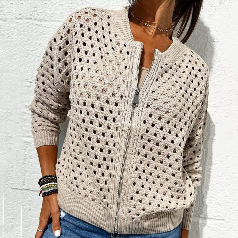 donetur.com Women's Elegant Zipper Knit Jacket with Unique Hollow Design