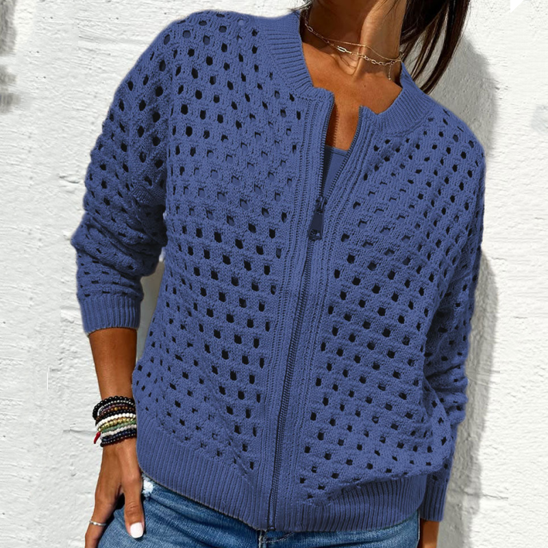 donetur.com Women's Elegant Zipper Knit Jacket with Unique Hollow Design